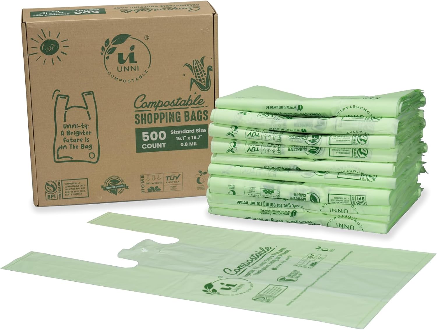 Compostable Shopping Bags, Standard Size 16.1" x 19.7"; 0.8 mils