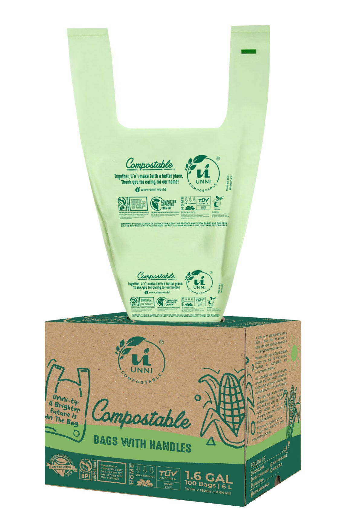 1.6 Gallon, 6 Liter,  Compostable Bags with Handles