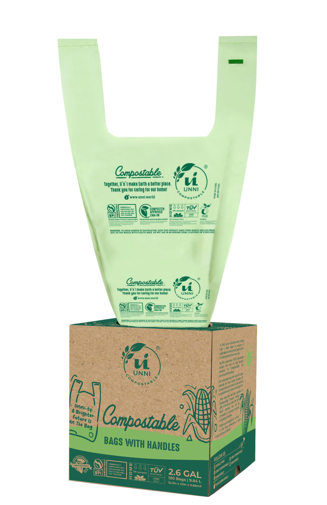 2.6 Gallon, 9.84 Liter, Compostable Bags with Handles