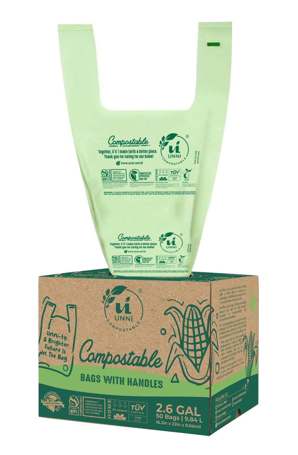 2.6 Gallon, 9.84 Liter, Compostable Bags with Handles