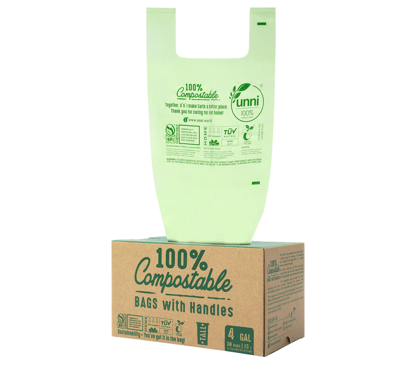 4 Gallon, 15 Liter, Compostable Bags with Handles